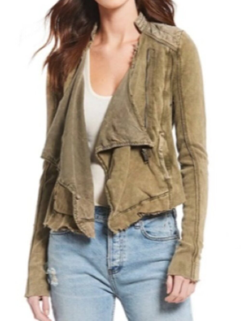 Free People Cotton Moto Jacket Size S Army Green Distressed Relaxed Fit Raw Hem